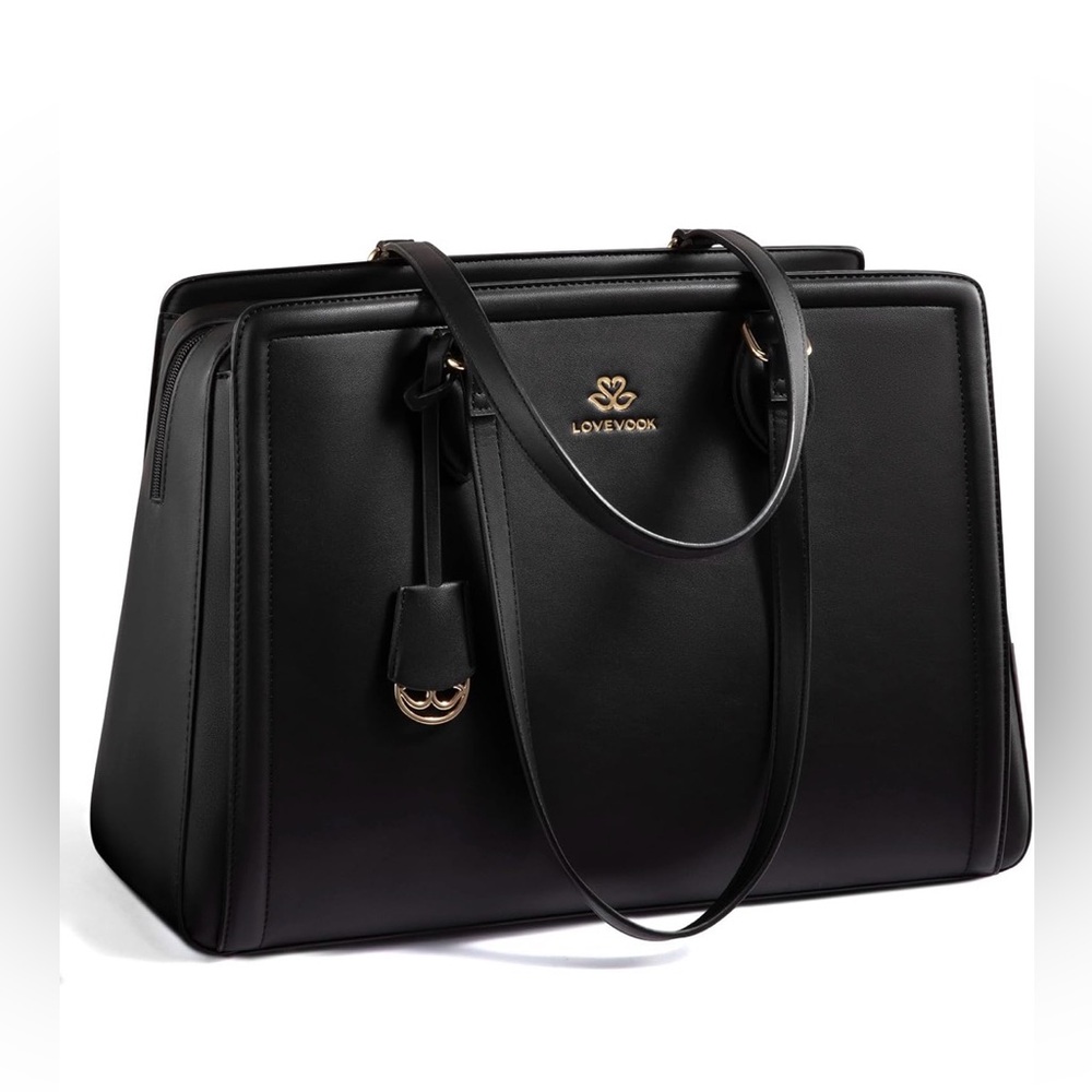 NWT Lovevook Tote Bag,Women's Laptop,PU Leather,Office,16.5"x12"x6.5",Black,Gold